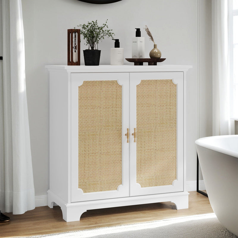 Rattan Decorated Sideboard Buffet Storage Liquor Cabinet - White
