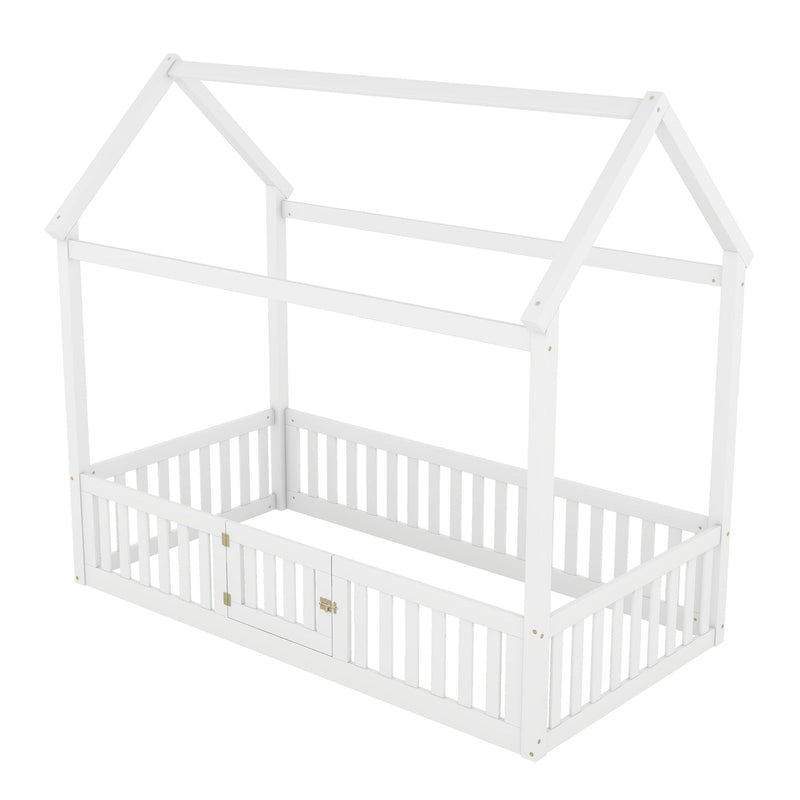 Wood House Bed With Fence And Door