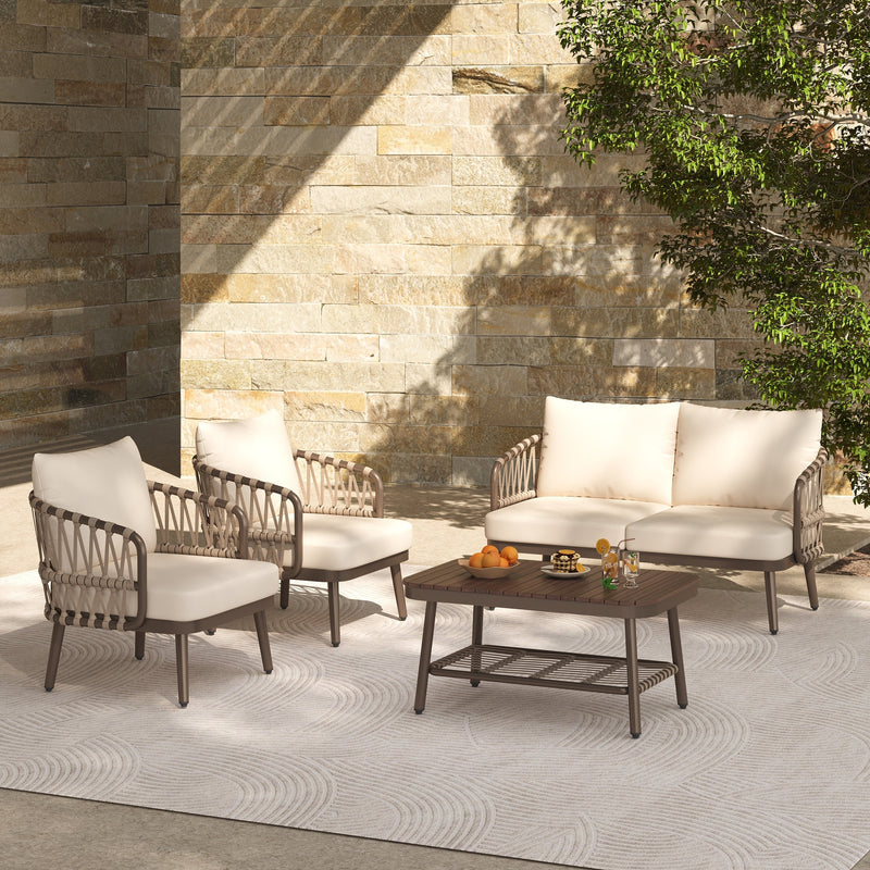 4-Piece Outdoor Patio Furniture Set with Metal Frame and Woven Rope