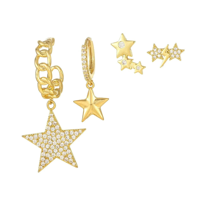 Stacking 4 Pieces Starry Chain Glow Earring Set, 18k Gold Stud Drop Hoop, S925 Needle, Stacked Lobe Designs with Dazzling Zirconia