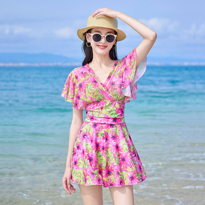 French Floral Dress Women's Flab Hiding