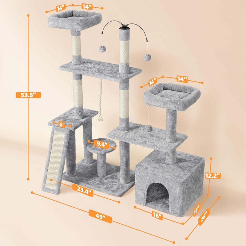 Ultimate 53.5-Inch Rotatable Cat Tree: Multi-Level Playground for Kittens and Large Cats with Cozy Condo and Scratching Posts in Light Gray