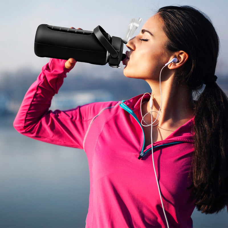 34Oz Glass Water Bottle Sports Water Bottle Motivational Water Bottle Water Intake Tracker Bottle with Straw Time Marker Silicone Sleeve Handle for Gy