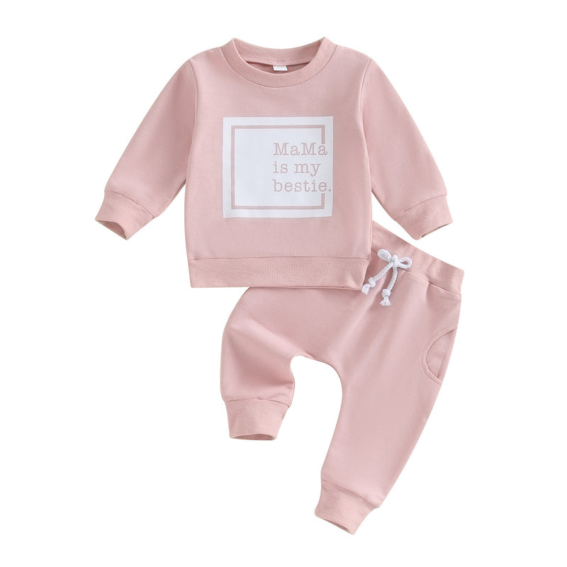 Letter-print Long-sleeve Top And Solid-color Pants Two-piece Set