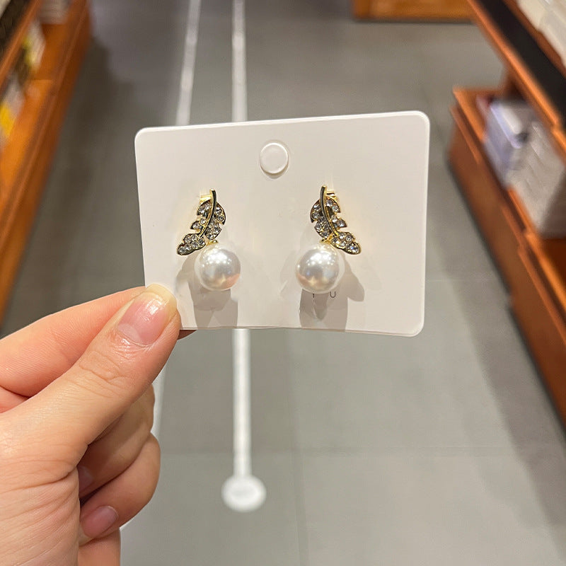 Pearl Rhinestone Leaf Earrings