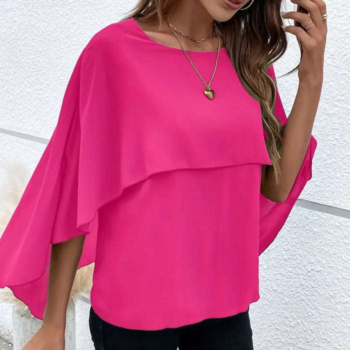 Women's Summer Chiffon Blouses Casual Scoop Neck Cape Sleeve Tunic Tops Shirts
