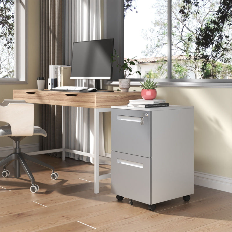 2-Drawer Mobile File Cabinet With Lock,On 360° Wheels, Holds A4/Letter/Legal Files - White