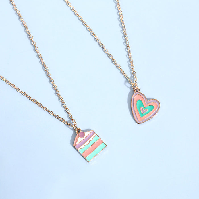 Women Macaron Multi-color Oil Drop Heart Pendant Girl Cute Cake Shape Necklace