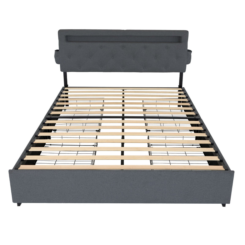 Bed With USB Charging Station, LED Lights, Headboard & Storage Drawers