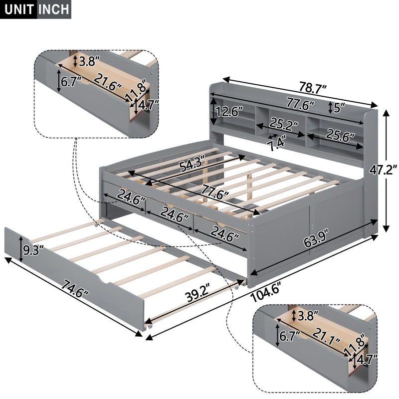 Captain Bed With Built In Bookshelves, 3 Storage Drawers, And Trundle