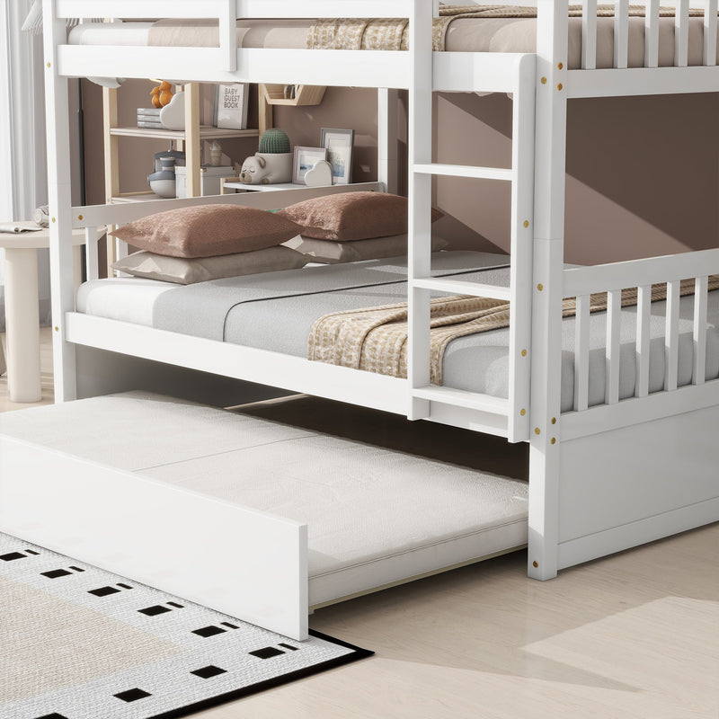 Full Over Full Rubber Wood Bunk Bed with Trundle, Ladder and Guardrails, Convertible to 2 Full Size Beds, with Twin Size Trundle,White