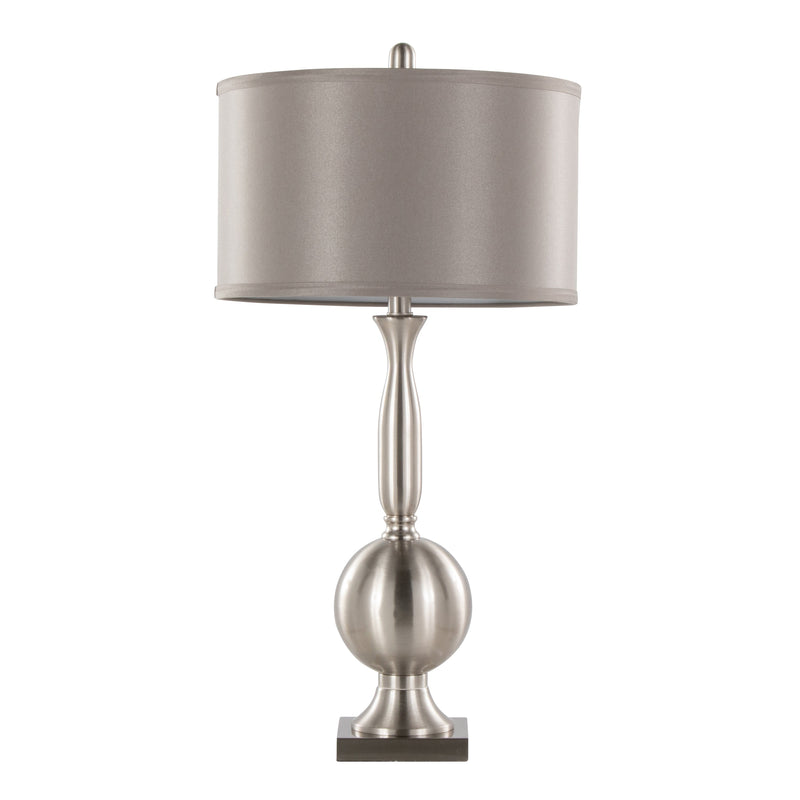 Joan 30" Contemporary Metal Table Lamp Set in Brushed Nickel with Grey Satin Shade - Set of 2