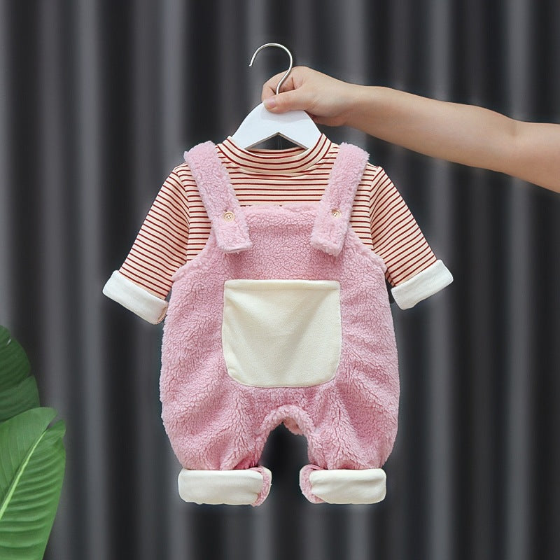 Fleece-lined Extra-thick Super-cute Warm One-piece Overalls Set