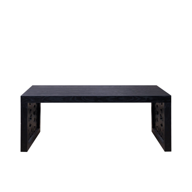 Rustic Carved Wood Coffee Table, Handcrafted Look With Ornate Side Panels
