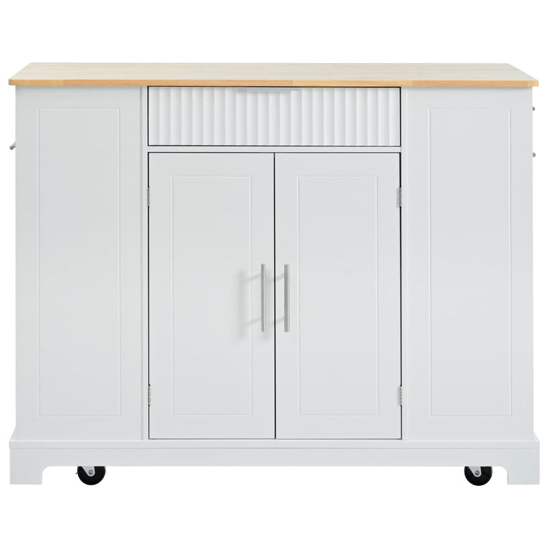 K&K Fluted Kitchen Island with Trash Can Storage Cabinet, Power Outlet, Internal Storage Rack, Rolling Kitchen Islands on 5 Wheels with 3 Drawer, 3 Open Side Racks for 10 Gallon Garbage Bin, White