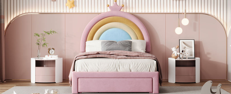 Upholstered Rainbow Design Bed, Princess Platform Bed With Storage Drawer