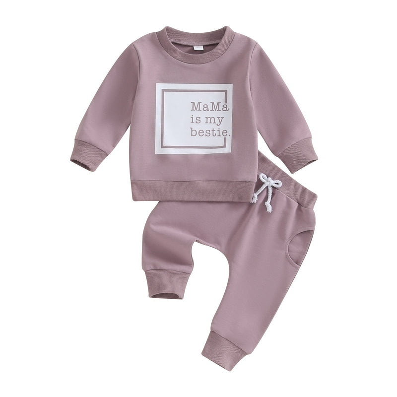 Letter-print Long-sleeve Top And Solid-color Pants Two-piece Set