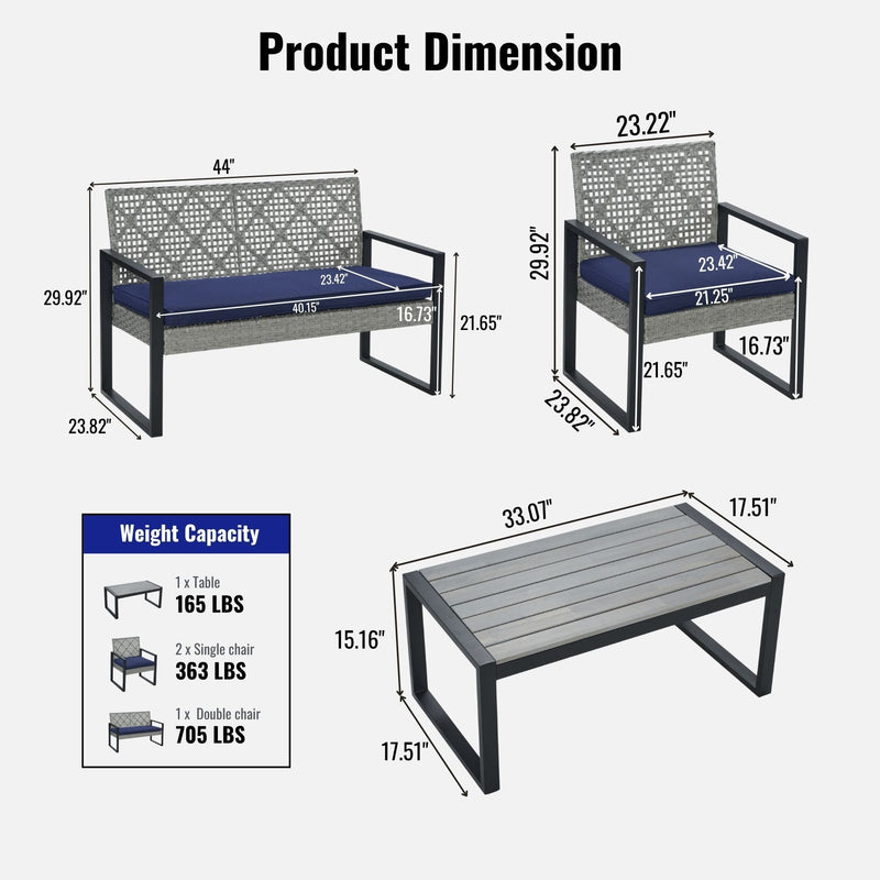 4 Piece Patio Furniture Set With Acacia Wood Table Top And Cushions