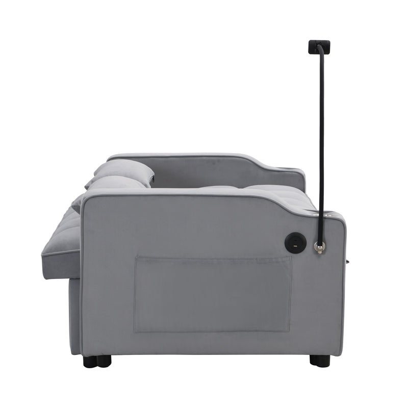 Modern Velvet Loveseat Futon Sofa Couch with Pullout Bed, Adjustable Backrest, Toss Pillows, Light Gray