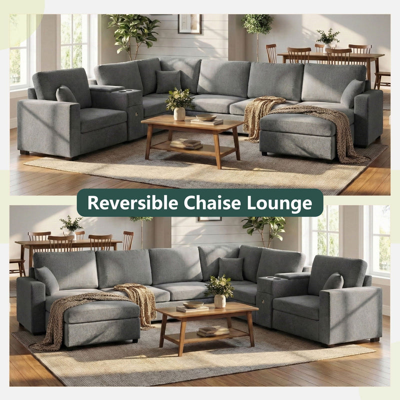 Modular 5 Seat U-Shape Sectional Sofa With Chaise Lounge, Built In Cup Holders And Storage Drawer