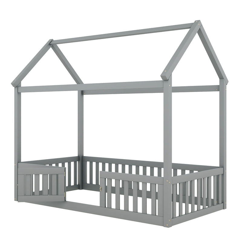 Wood House Bed With Fence And Door