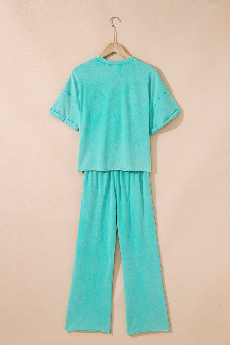 Arabella Acid Wash Star Patched Rolled Trim Pants Set