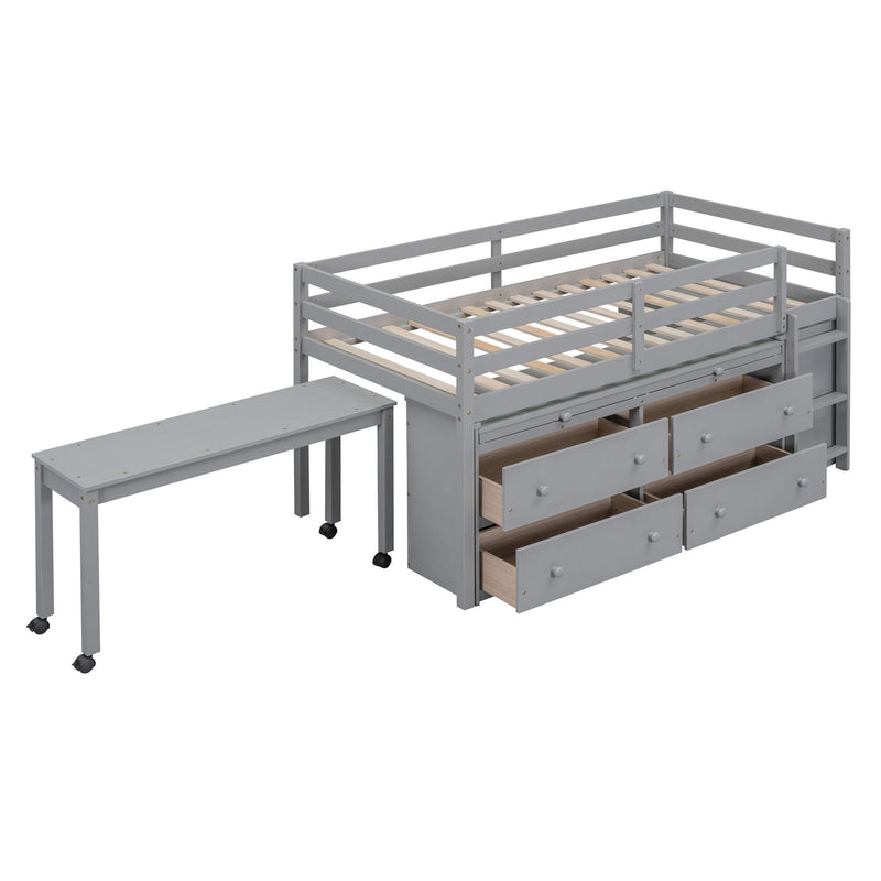 Loft Bed With Retractable Writing Desk And 4 Drawers, With Lateral Portable Desk And Shelves