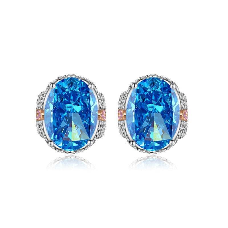 Multicolor Ice Flower Cut Oval CZ Stud Earrings, Blue & Green 7*9mm 8A Cubic Zirconia, S925 Silver Needle, Two-Tone Pave CZ Halo, Dainty Luxe