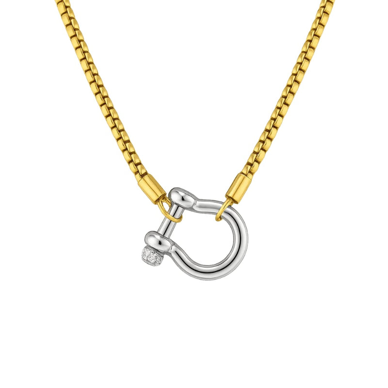 Lucky Lock Carabiner Necklace – Two-Tone Mixed Metal Horseshoe Pendant Chain