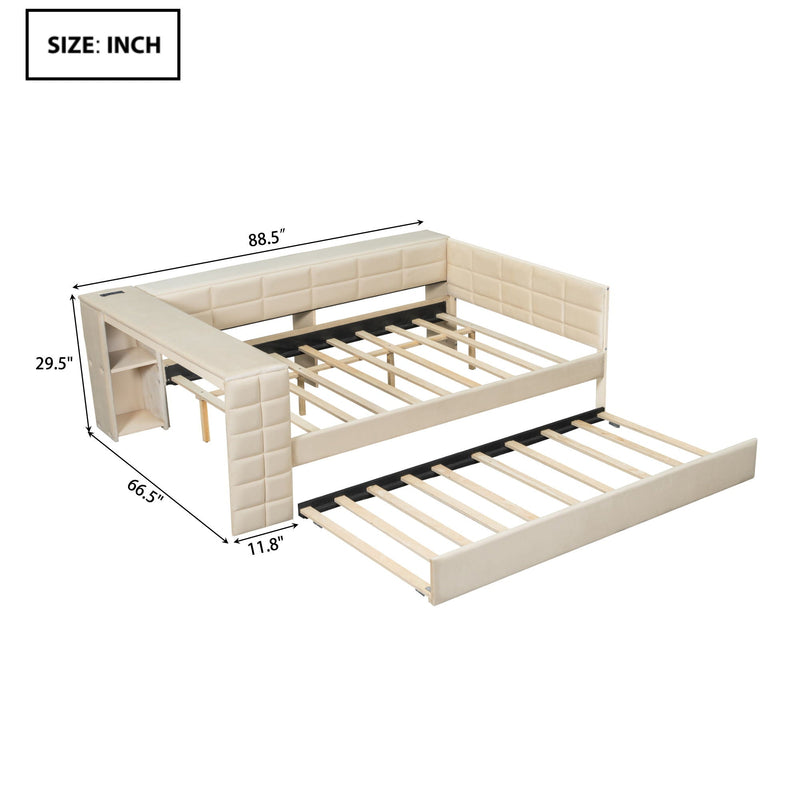 Upholstered Platform Bed With Storage Shelves, Desk, Charging Station And Trundle
