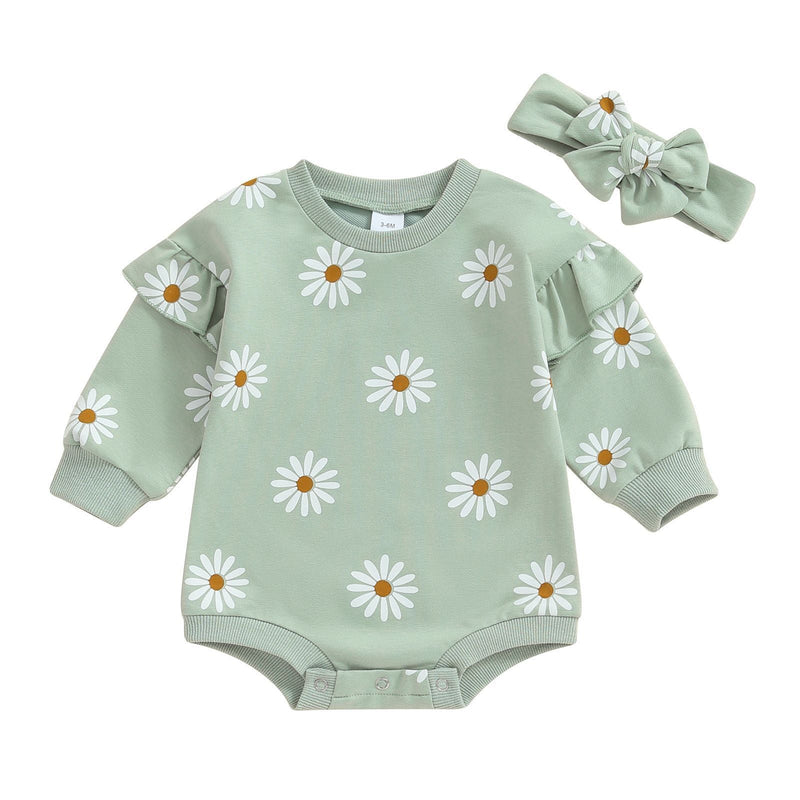 Printed Flounced Sleeve Romper Headscarf