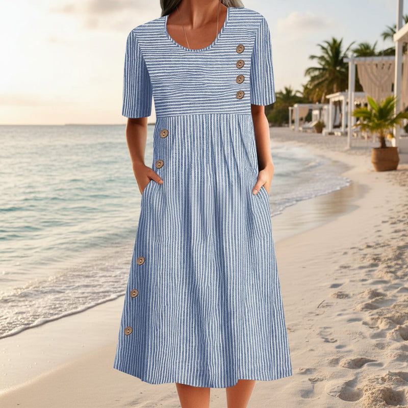 Button-Down Swing Maxi Dress – Short Sleeve Pocket Pullover Long Dress