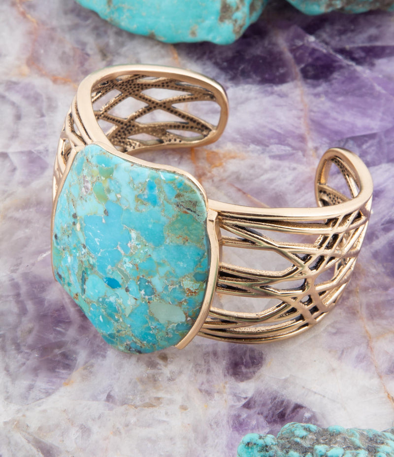 Abstract Blue Turquoise Golden Statement Cuff