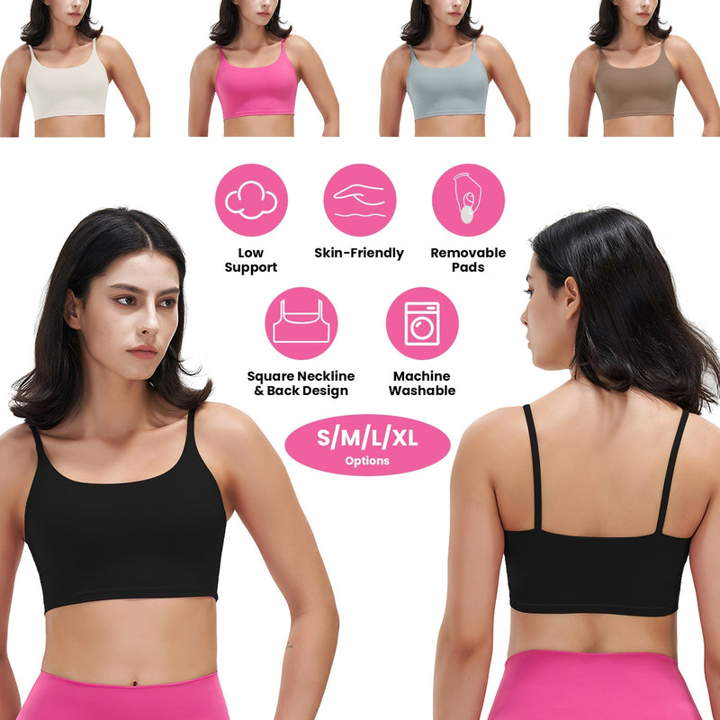 Women Strap Sport Bras Padded Strappy Crop Square Neck Low Impact Bras Sexy Fitness Tank Tops with Removable Pads Flat Straps for Gym Yoga Workout Run