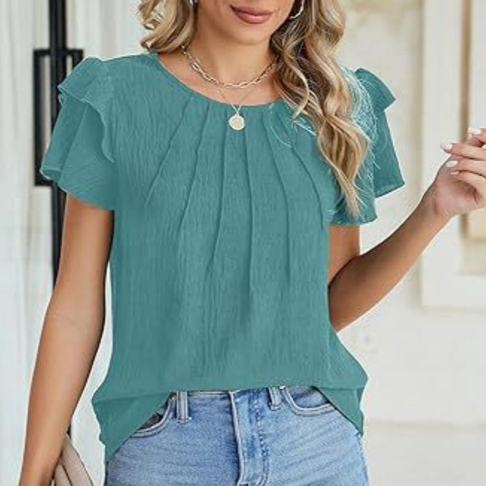 Women's Ruffle Short Sleeve Shirts Dressy Casual Crewneck Tops Trendy Outfits