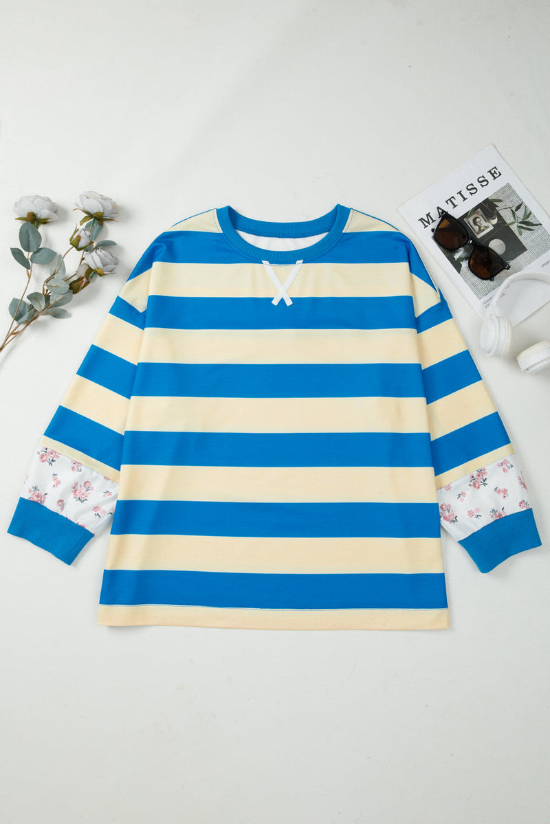 Blue Stripe Floral Color Block Drop Shoulder Plus Size Pullover Top