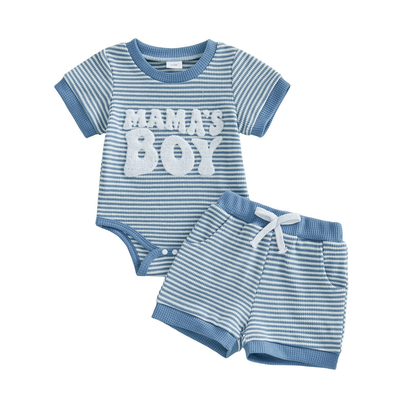 Baby Boy Striped Embroidered MAMA Romper And Shorts Two-Piece Set