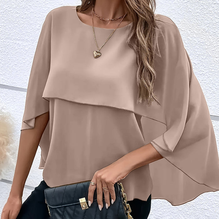 Women's Summer Chiffon Blouses Casual Scoop Neck Cape Sleeve Tunic Tops Shirts