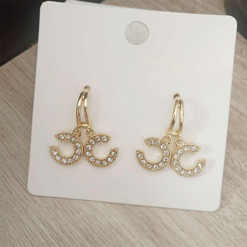 Double C Letter Rhinestone Earrings