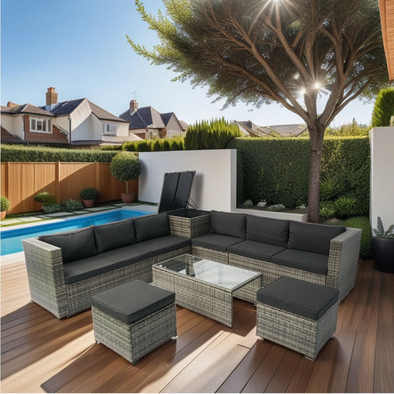 8 Piece Patio Sectional Wicker Rattan Outdoor Furniture Sof Set With One Storage Box Under Seat And Cushion Box - Gray / Black