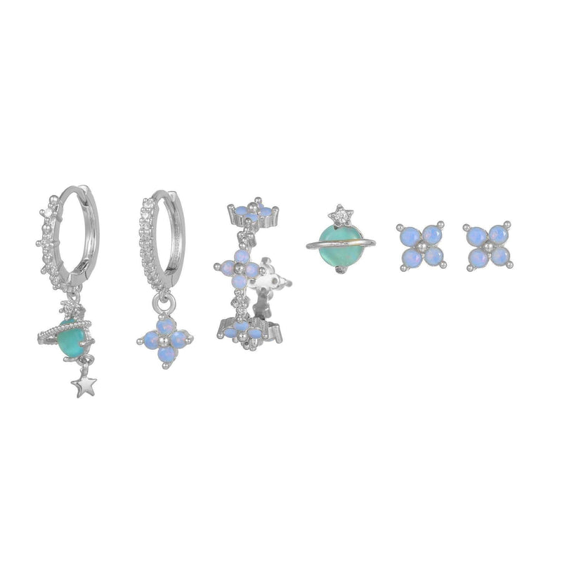 Multi Sets of Blue Flower Pierced Earrings, 4-6pcs, 18k Gold Plated Stud Drop Hoop Huggie Cuff Chain, S925 Needle, Stacked Lobe Designs with Dazzling Zirconia