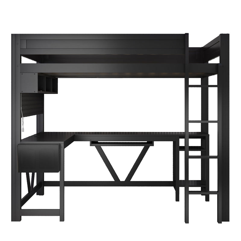 Gaming Loft Bed With Desk, Storage Shelves, LED And Charging Station