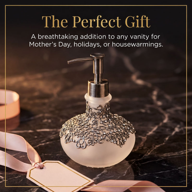 Soap Dispenser – Elegant Frosted Glass Bathroom Accessory with Pewter Finish & Rhinestones