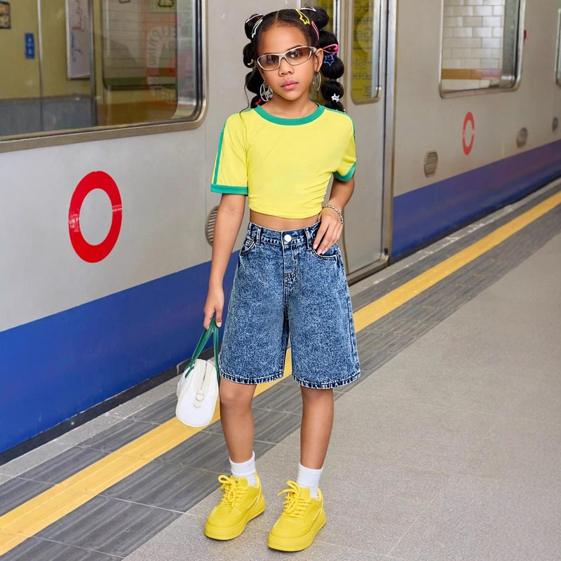 Washed Denim Mid-length Pants Girls Denim Shorts