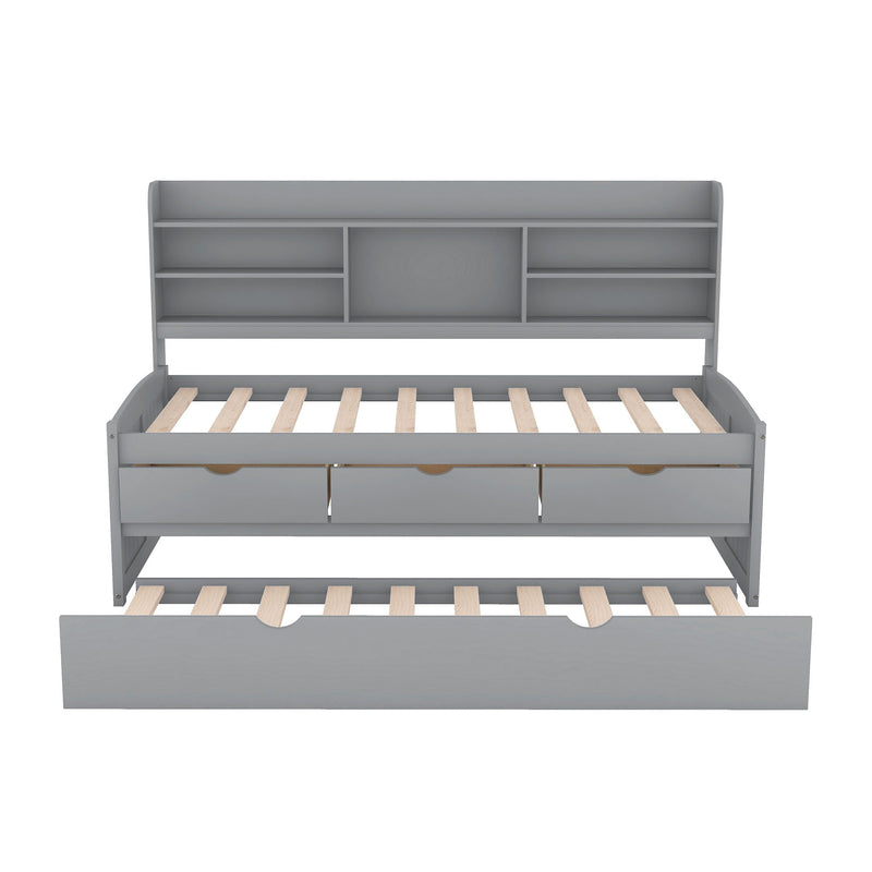 Captain Bed With Built In Bookshelves, 3 Storage Drawers, And Trundle