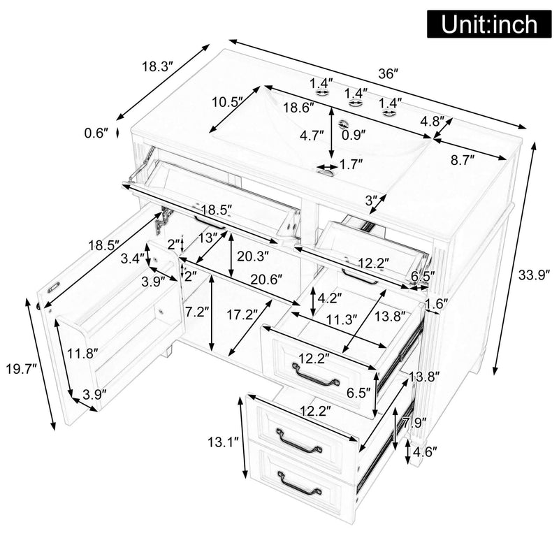 Alora 36-Inch Freestanding Bathroom Vanity With Ceramic Sink And Storage Cabinets [Faucet Not Included] (SAK86310)