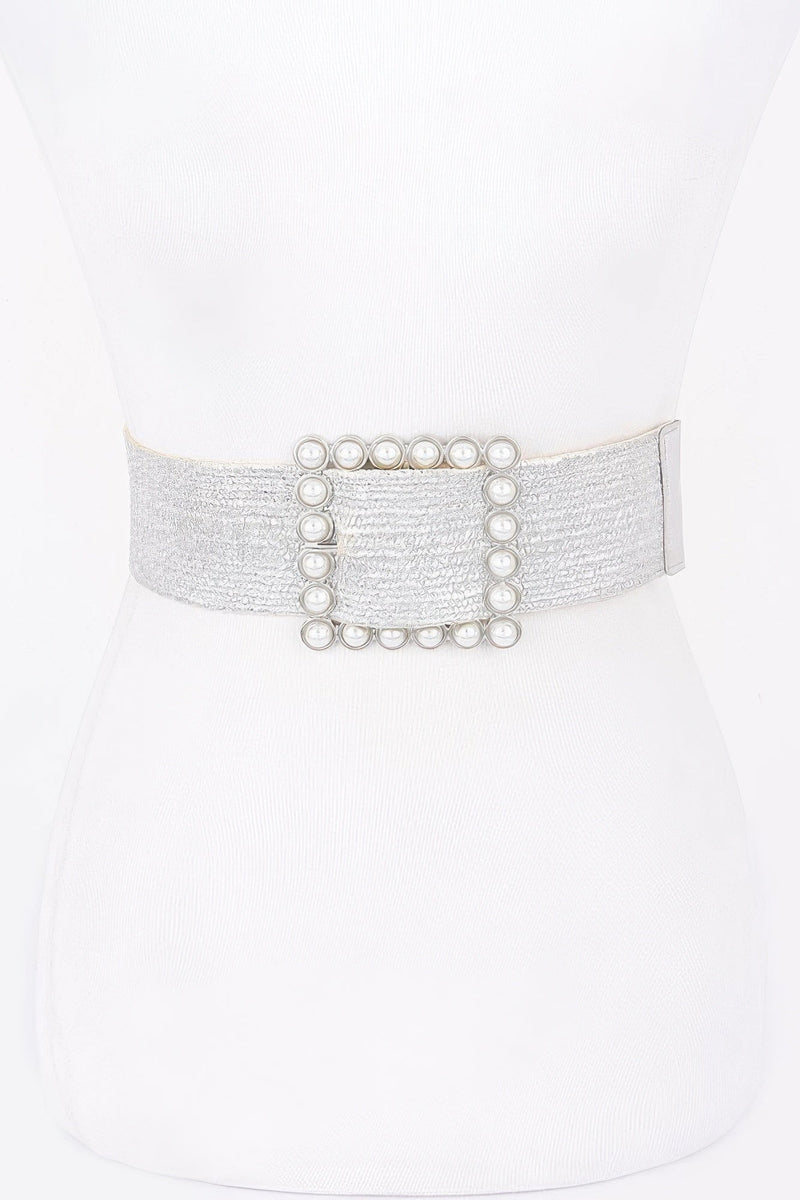 Wide Pearl Buckle Elastic Belt