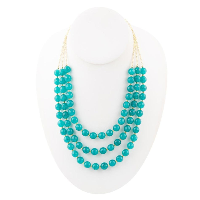 Argo Blue Teal Jade Triple Strand Golden Necklace
