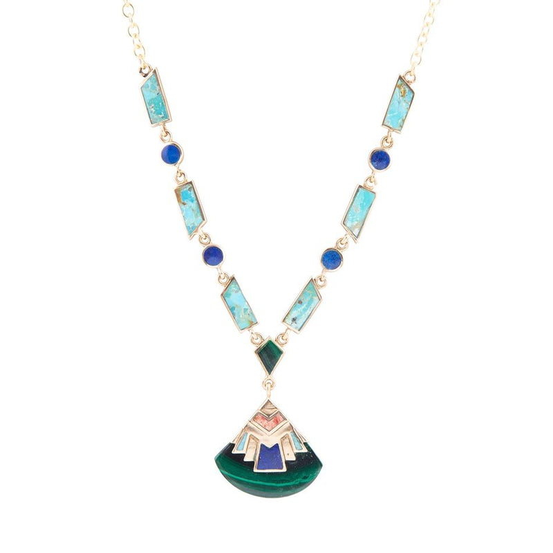 Art Deco Colorful Inlay Golden Necklace