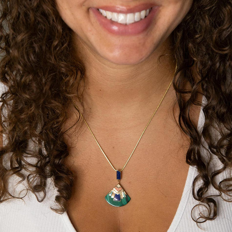 Art Deco Colorful Inlay Golden Pendant Necklace